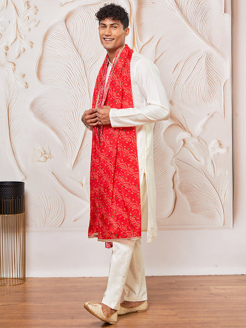 Men's Cream Viscose Kurta, Pant And Dupatta Set